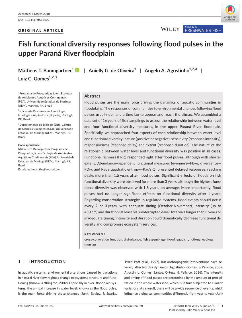 Pdf Fish Functional Diversity Responses Following Flood Pulses In The Upper Parana River Floodplain