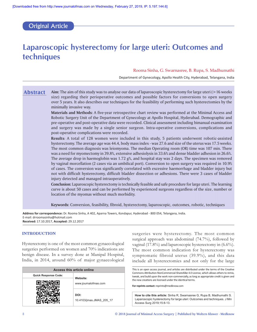 Pdf Laparoscopic Hysterectomy For Large Uteri Outcomes And