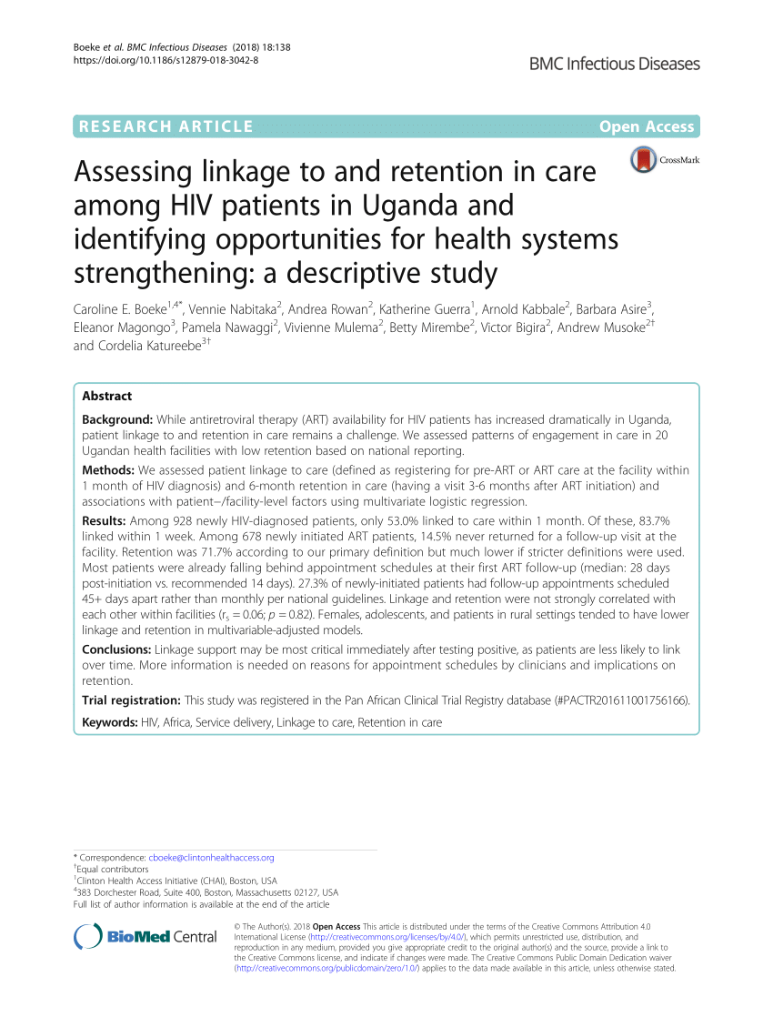 Pdf Assessing Linkage To And Retention In Care Among Hiv Patients In Uganda And Identifying Opportunities For Health Systems Strengthening A Descriptive Study