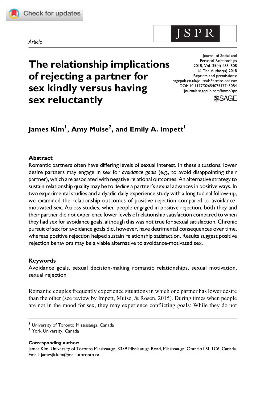 PDF) The relationship implications of rejecting a partner for sex kindly  versus having sex reluctantly