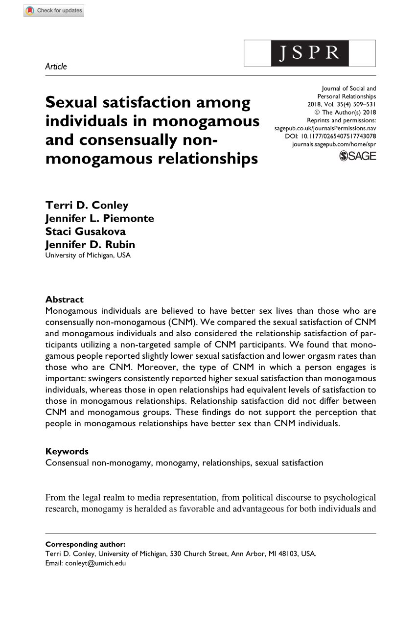 PDF) Sexual satisfaction among individuals in monogamous and consensually non-monogamous relationships