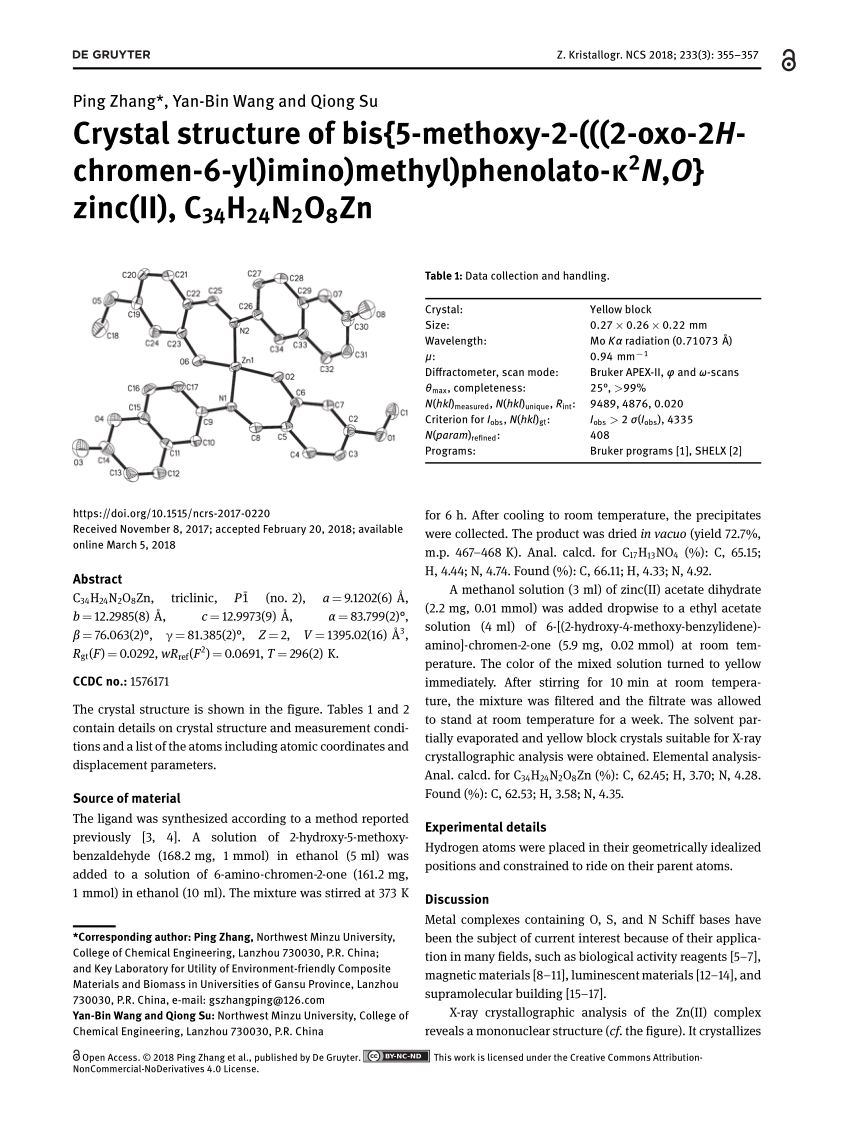 Pdf Crystal Structure Of Bis 5 Methoxy 2 2 Oxo 2h Chromen 6 Yl Imino Methyl Phenolato K2n O Zinc Ii C34h24n2o8zn