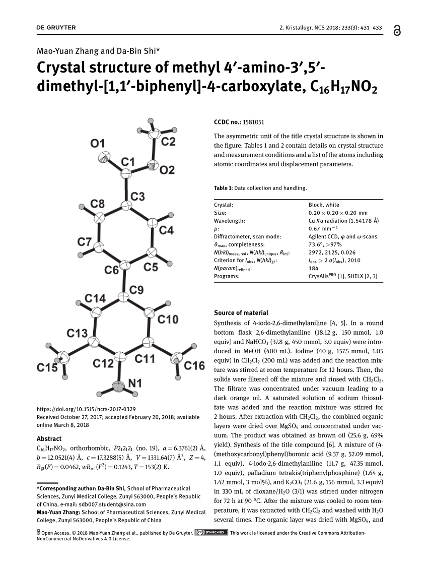 Pdf Crystal Structure Of Methyl 4 Amino 3 5 Dimethyl 1 1 Biphenyl 4 Carboxylate C16h17no2