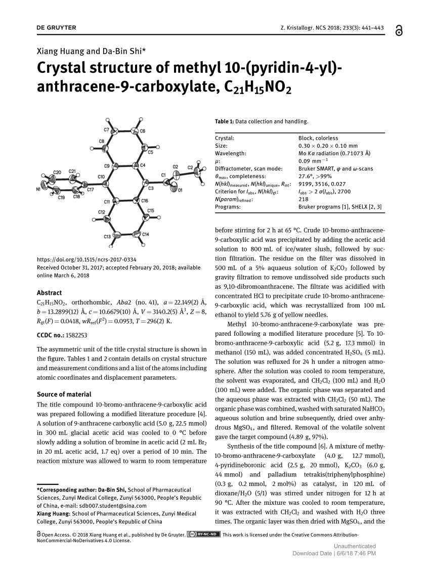 Pdf Crystal Structure Of Methyl 10 Pyridin 4 Yl Anthracene 9 Carboxylate C21h15no2
