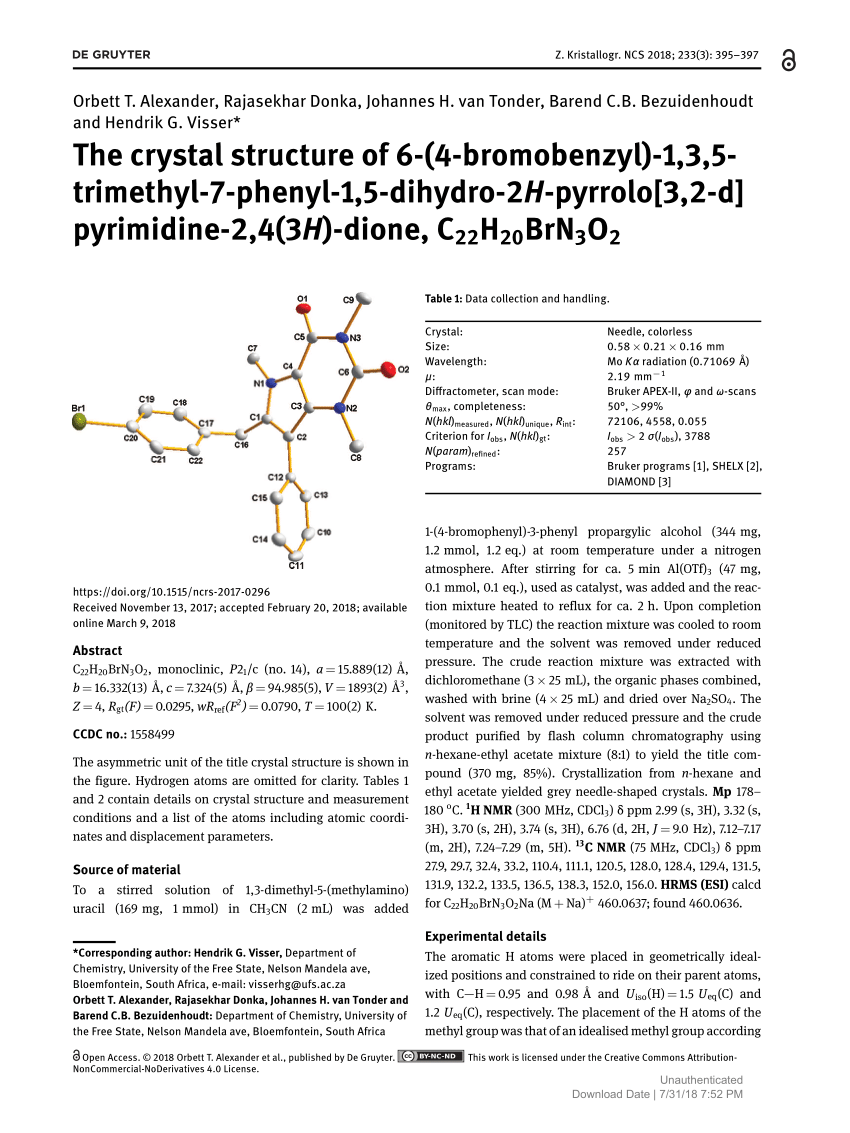 Pdf The Crystal Structure Of 6 4 Bromobenzyl 1 3 5 Trimethyl 7 Phenyl 1 5 Dihydro 2h Pyrrolo 3 2 D Pyrimidine 2 4 3h Dione C22hbrn3o2