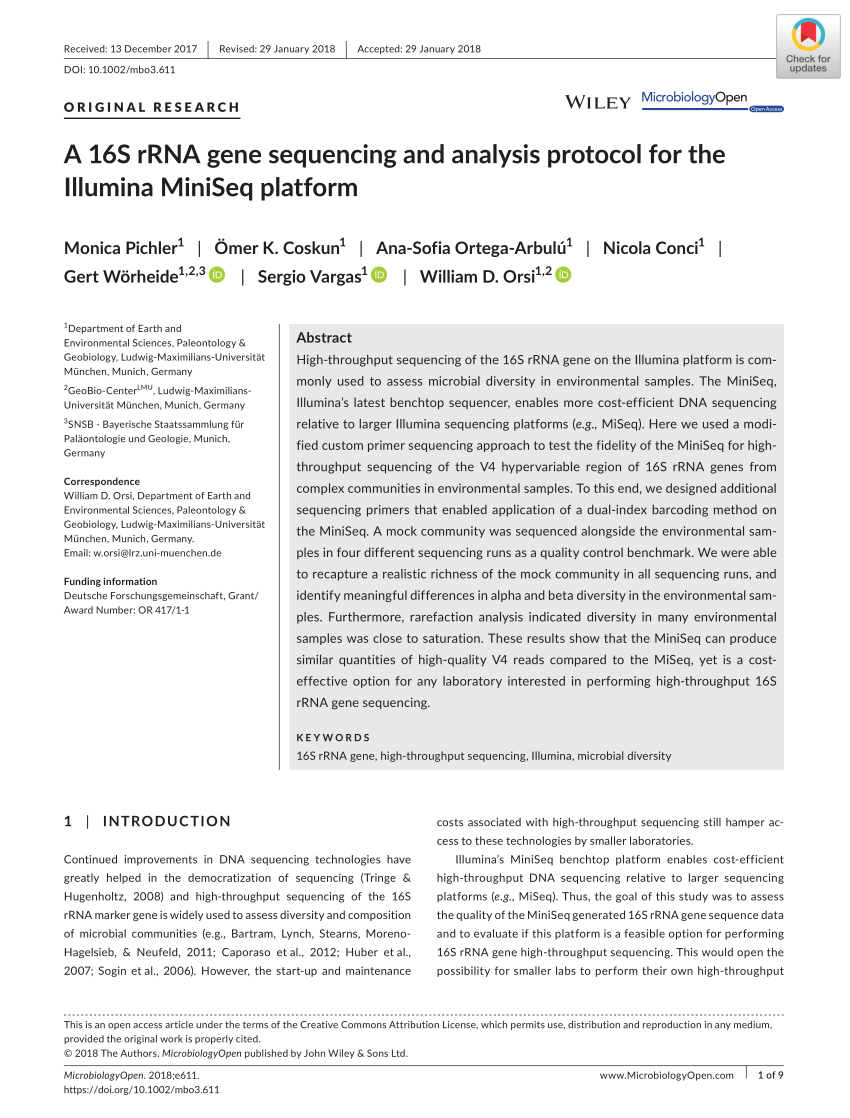 Pdf A 16s Rrna Gene Sequencing And Analysis Protocol For The Illumina Miniseq Platform