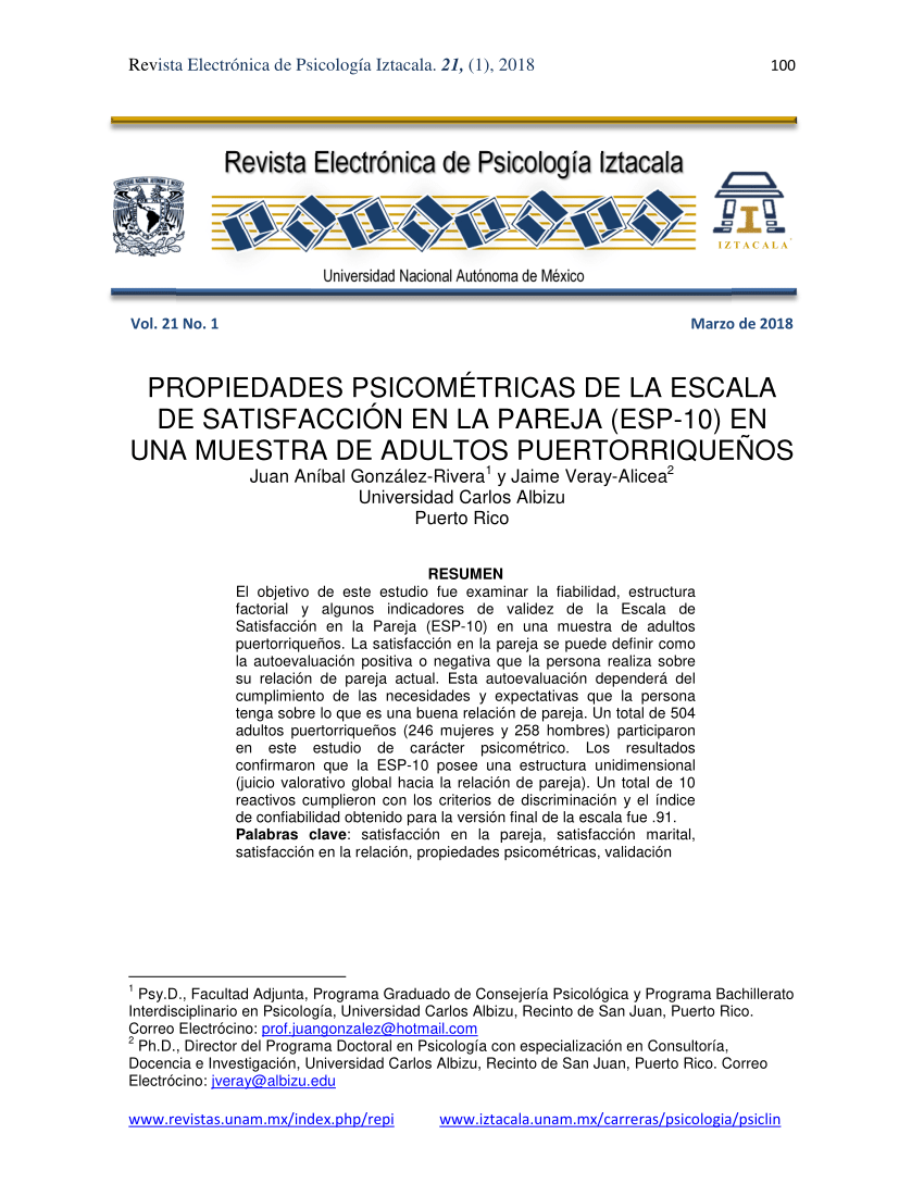 Pdf Propiedades Psicometricas De La Escala De Satisfaccion En La