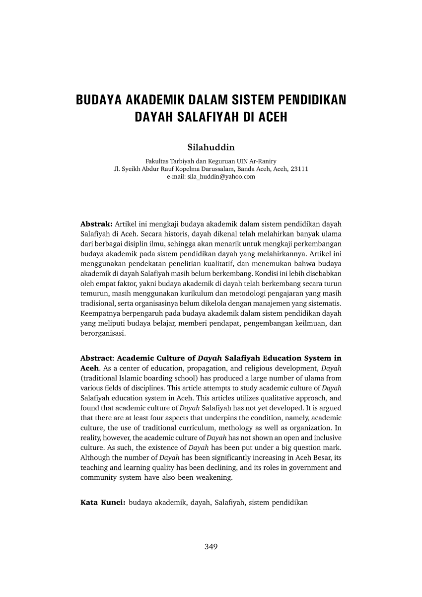 Pdf Budaya Akademik Dalam Sistem Pendidikan Dayah Salafiyah Di Aceh