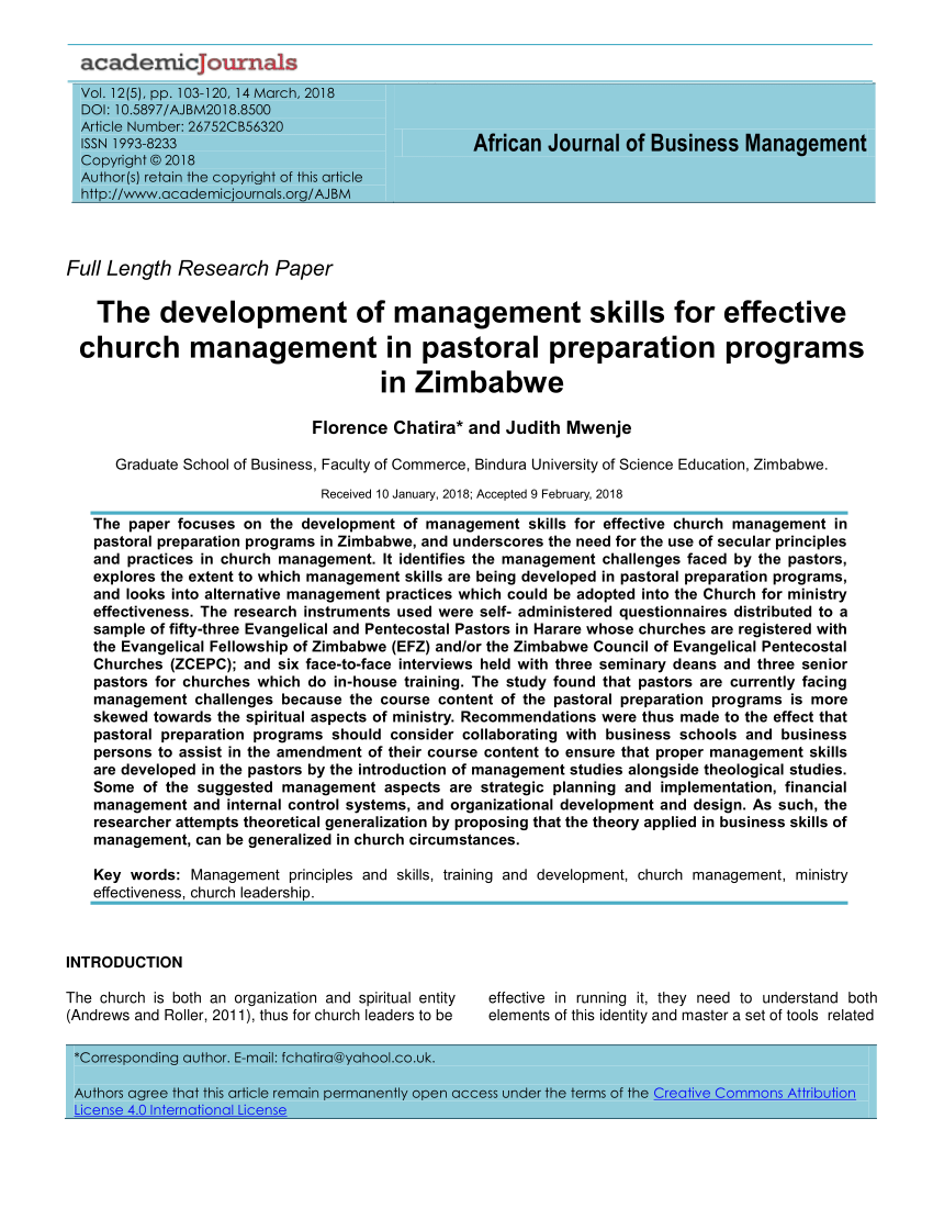 Pdf) The Development Of Management Skills For Effective Church Management In Pastoral Preparation Programs In Zimbabwe