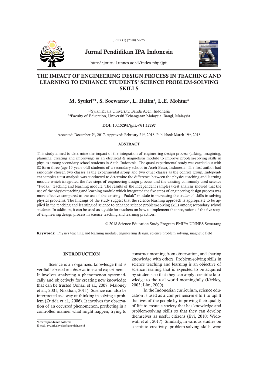 Pdf The Impact Of Engineering Design Process In Teaching And Learning To Enhance Students Science Problem Solving Skills