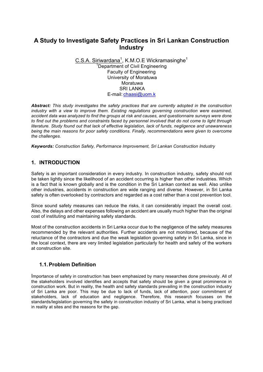 Pdf A Study To Investigate Safety Practices In Sri Lankan Construction Industry