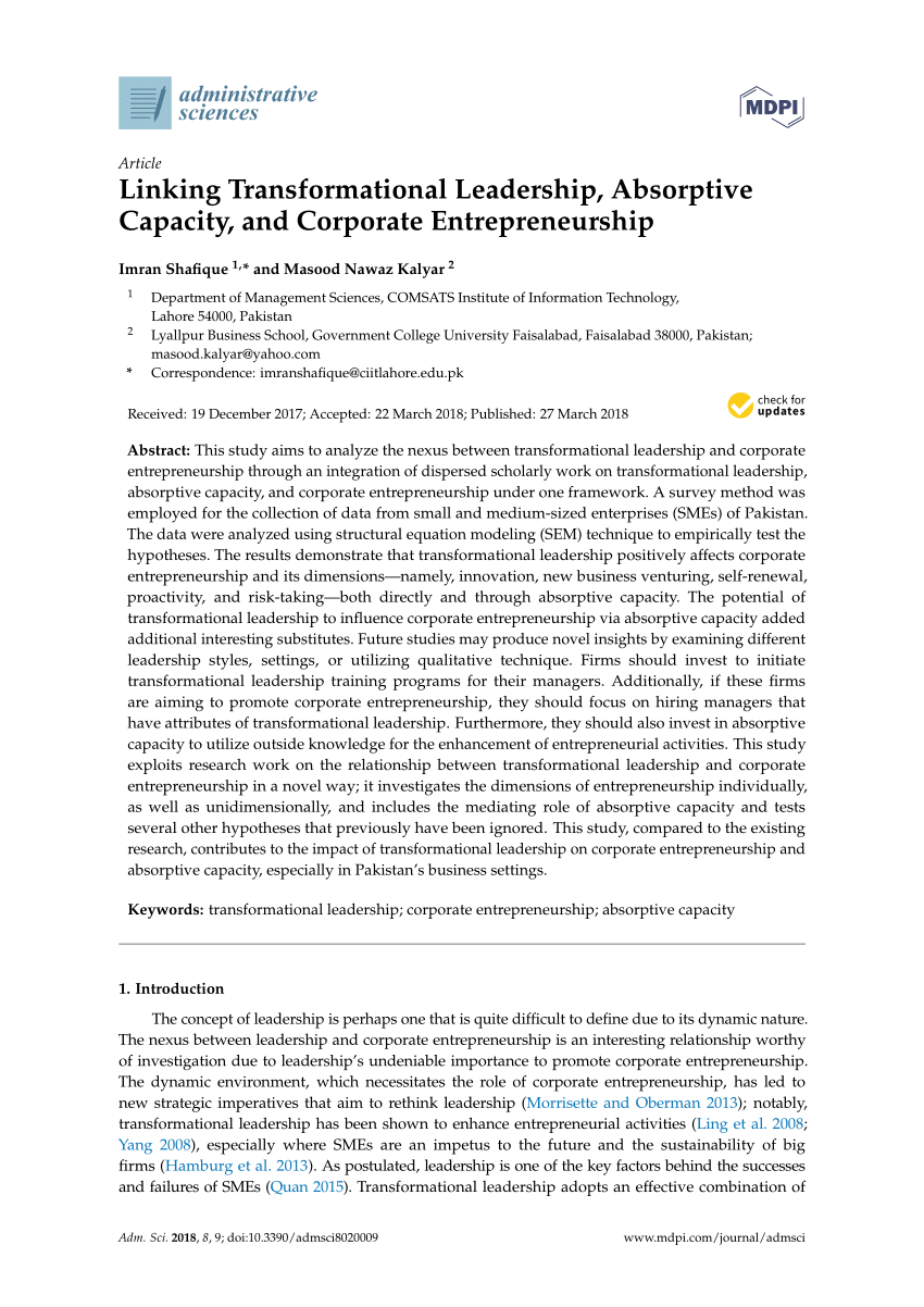 Pdf Linking Transformational Leadership Absorptive Capacity And Corporate Entrepreneurship