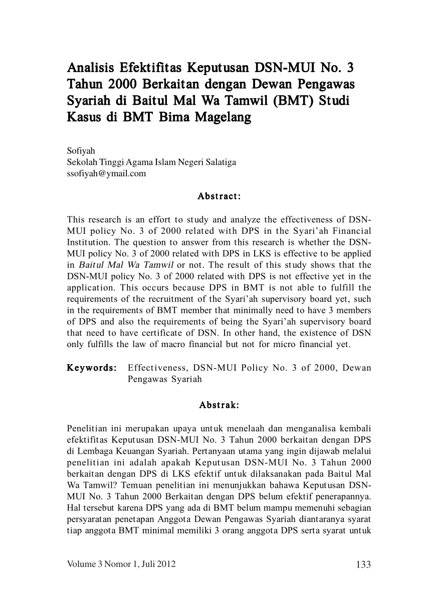 (PDF) Analisis Efektifitas Keputusan DSN-MUI No. 3 Tahun 2000 Berkaitan dengan Dewan Pengawas ...