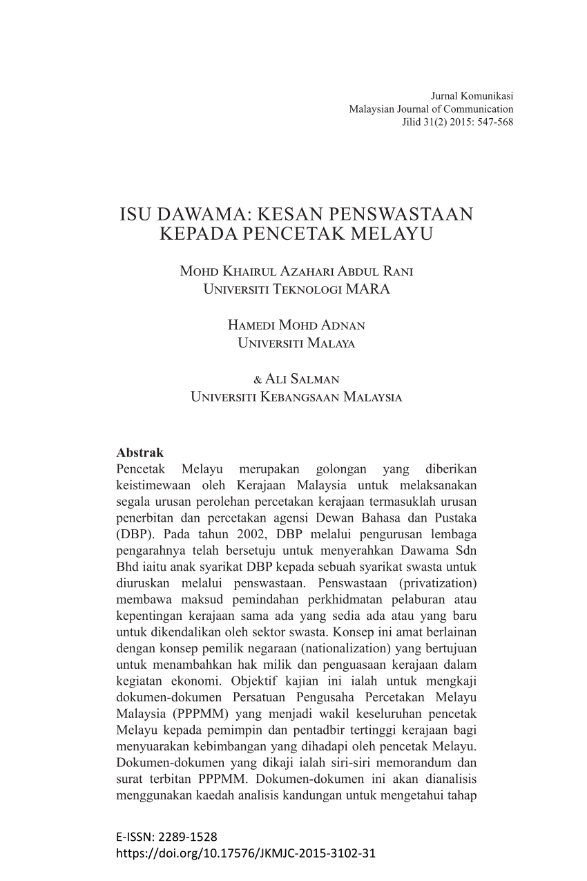 PDF) Isu Dawama: Kesan Penswastaan Kepada Pencetak Melayu (Dawama 