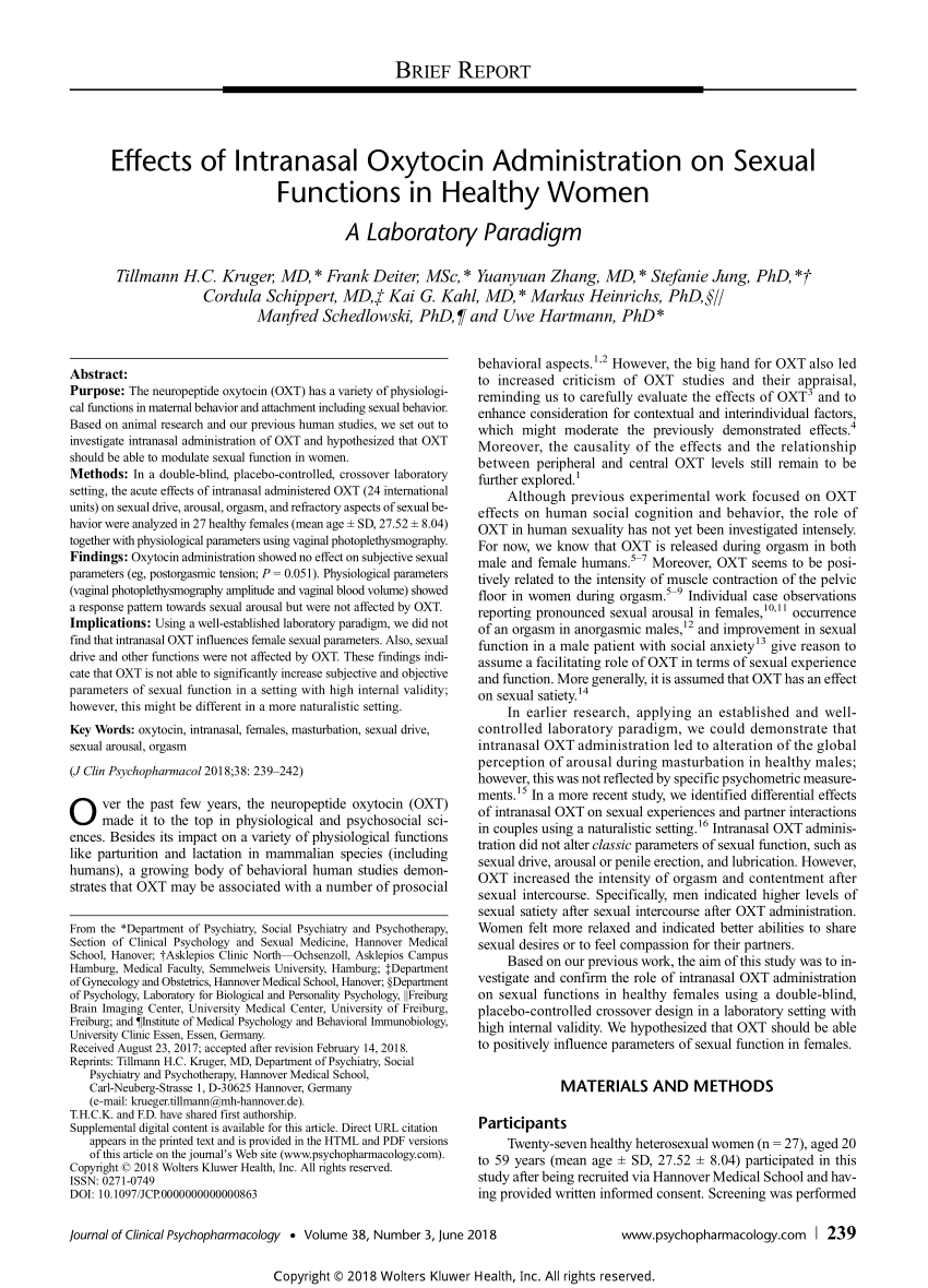 Pdf Effects Of Intranasal Oxytocin Administration On Sexual Functions In Healthy Women A 