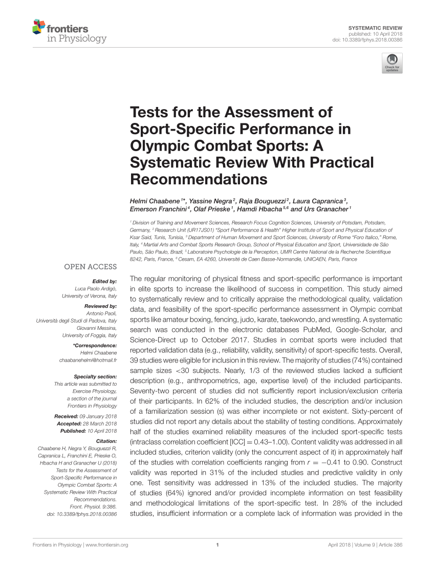 Pdf Tests For The Assessment Of Sport Specific Performance In Olympic Combat Sports A Systematic Review With Practical Recommendations