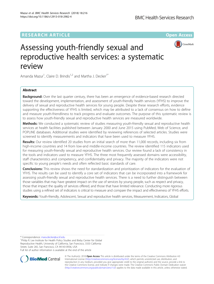 Pdf Assessing Youth Friendly Sexual And Reproductive Health Services A Systematic Review
