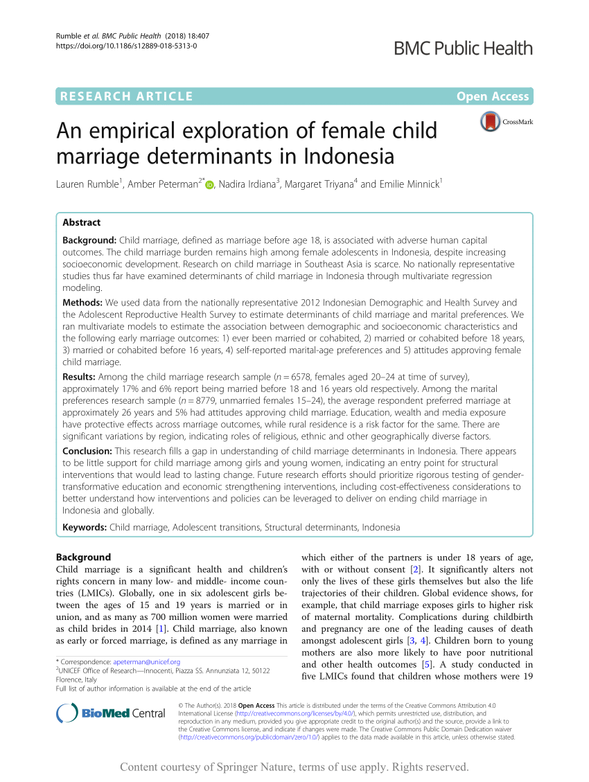 Pdf An Empirical Exploration Of Female Child Marriage Determinants In Indonesia