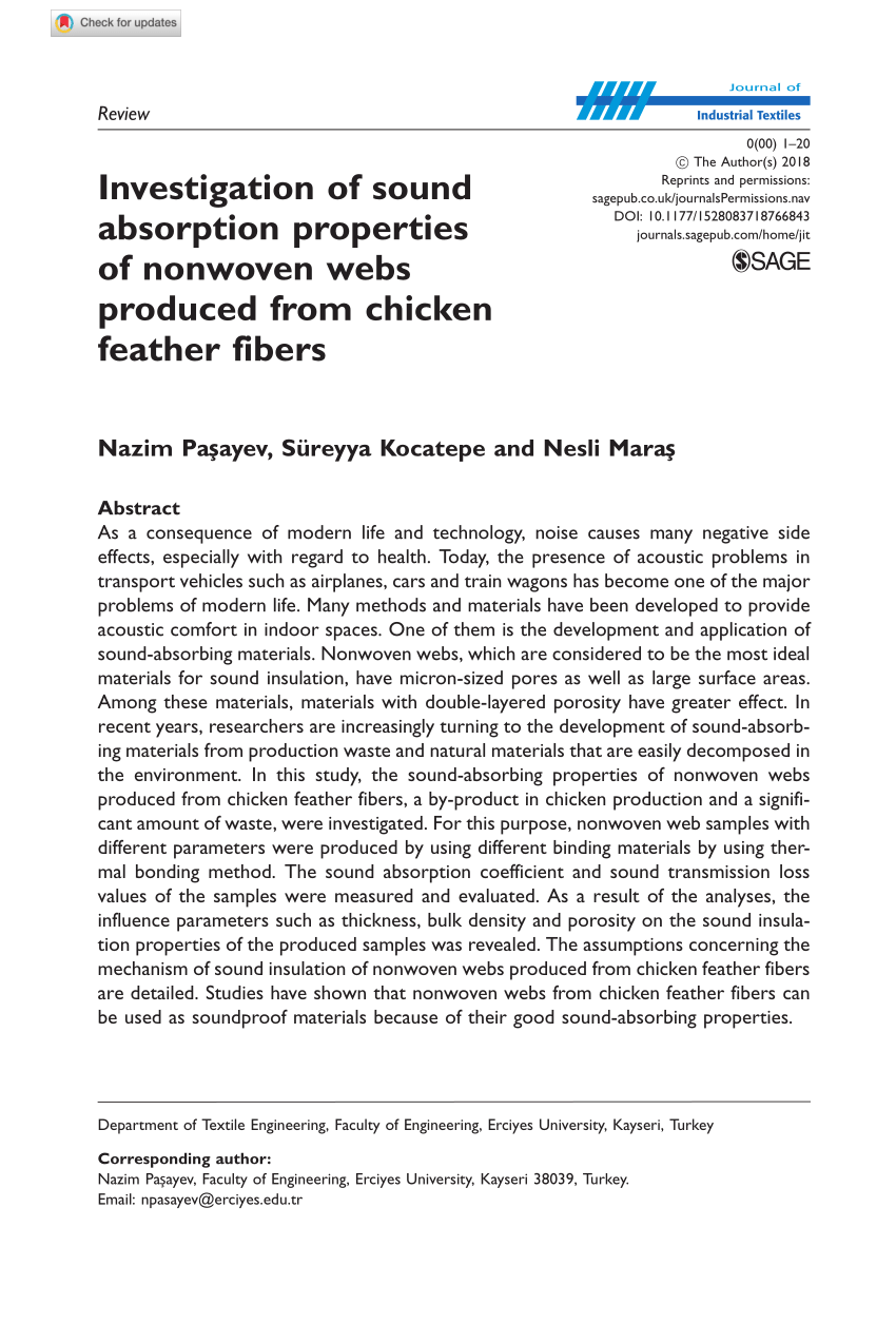 pdf investigation of sound absorption properties of nonwoven webs produced from chicken feather fibers