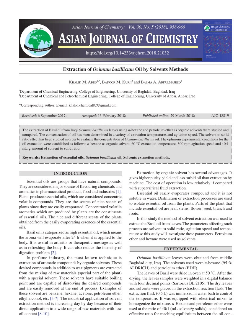 PDF Extraction of Ocimum basillicum Oil by Solvents Methods