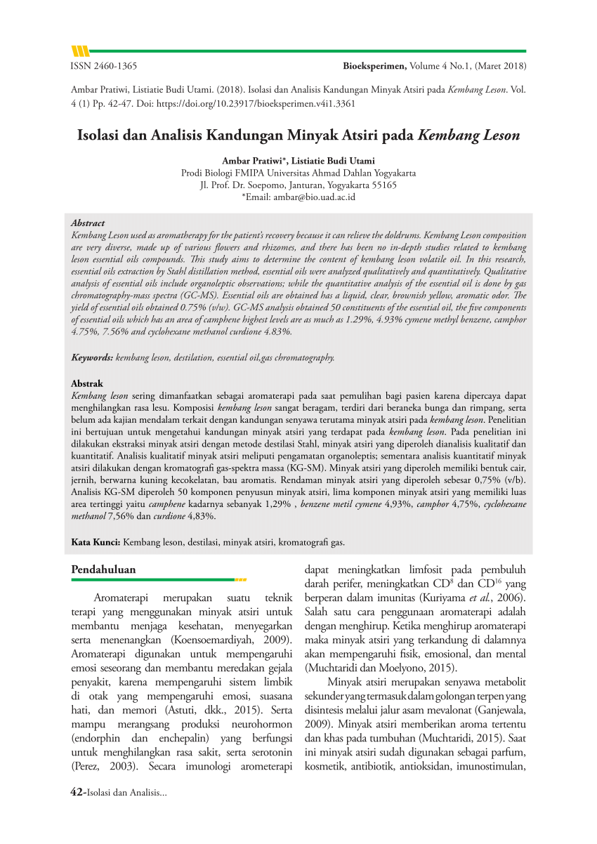 Pdf Isolasi Dan Analisis Kandungan Minyak Atsiri Pada Kembang Leson