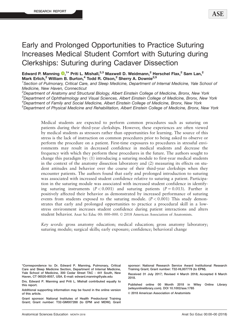 PDF) Early and prolonged opportunities to practice suturing increases medical  student comfort with suturing during clerkships: Suturing during cadaver  dissection: Suturing during Cadaver Dissection