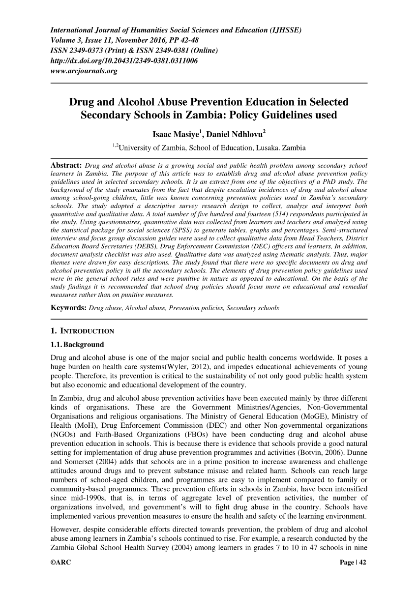 PDF) Drug and Alcohol Abuse Prevention Education in Selected