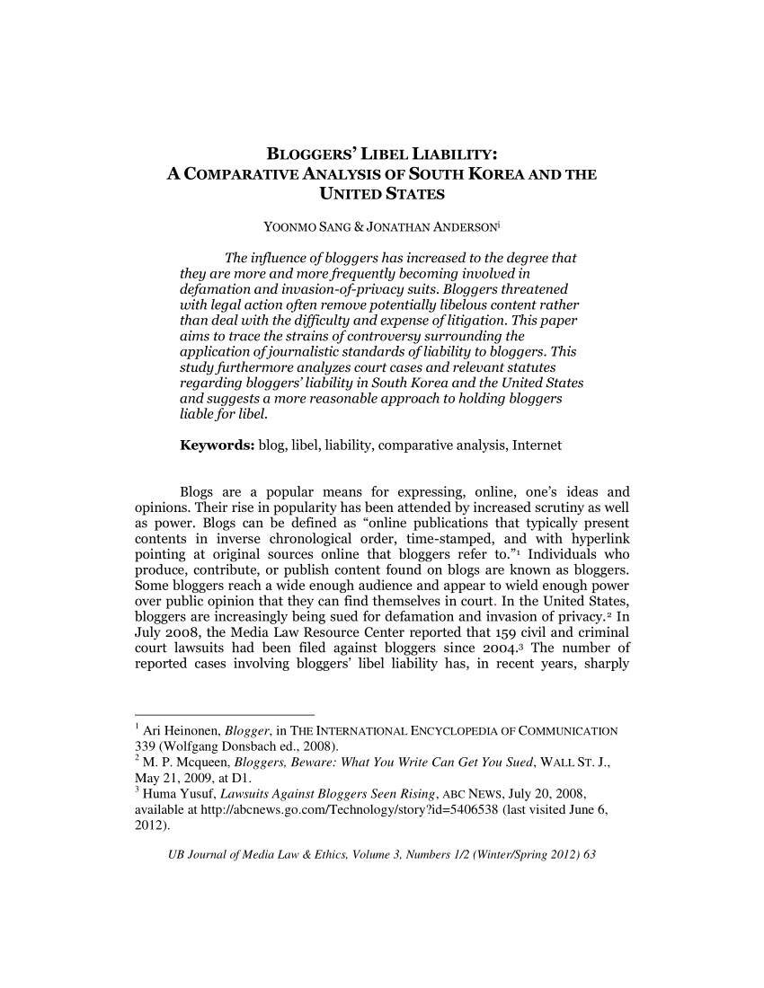 (PDF) BLOGGERS' LIBEL LIABILITY: A COMPARATIVE ANALYSIS OF SOUTH KOREA AND THE UNITED STATES