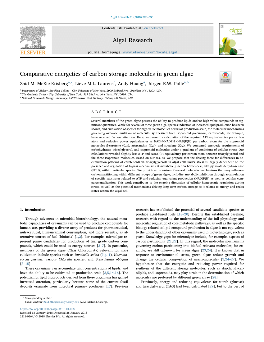 (PDF) Comparative energetics of carbon storage molecules in green algae