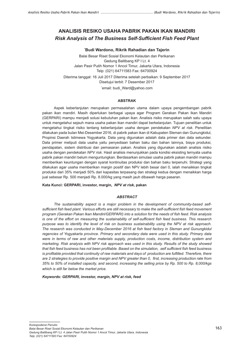 Pdf Analisis Resiko Usaha Pabrik Pakan Ikan Mandiri