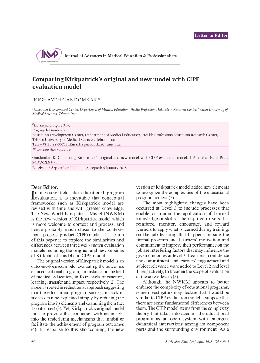 Pdf Comparing Kirkpatricks Original And New Model With Cipp Evaluation Model 