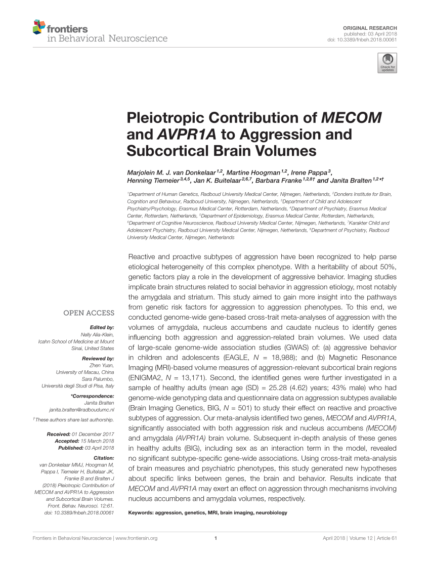 Pdf Pleiotropic Contribution Of Mecom And Avpr1a To Aggression