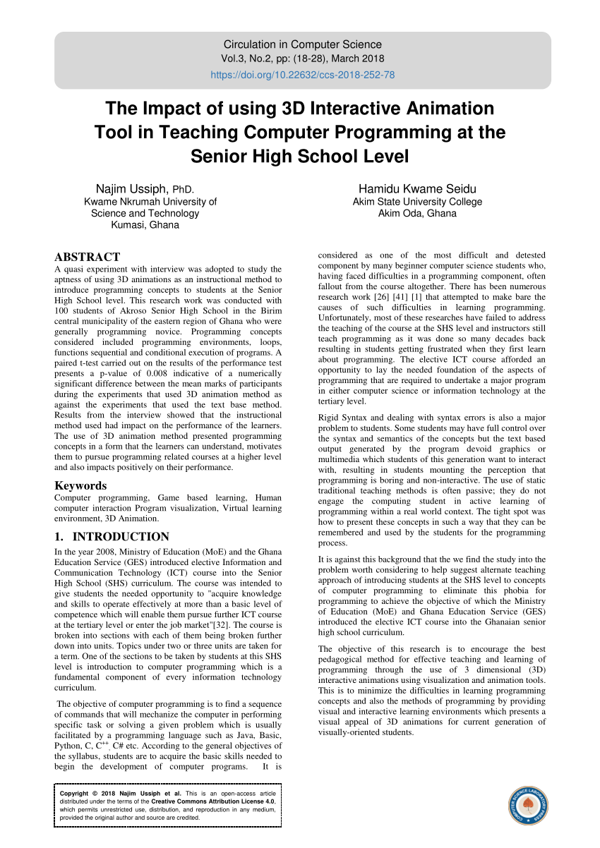 PDF) The Impact of using 3D Interactive Animation Tool in Teaching Computer  Programming at the Senior High School Level