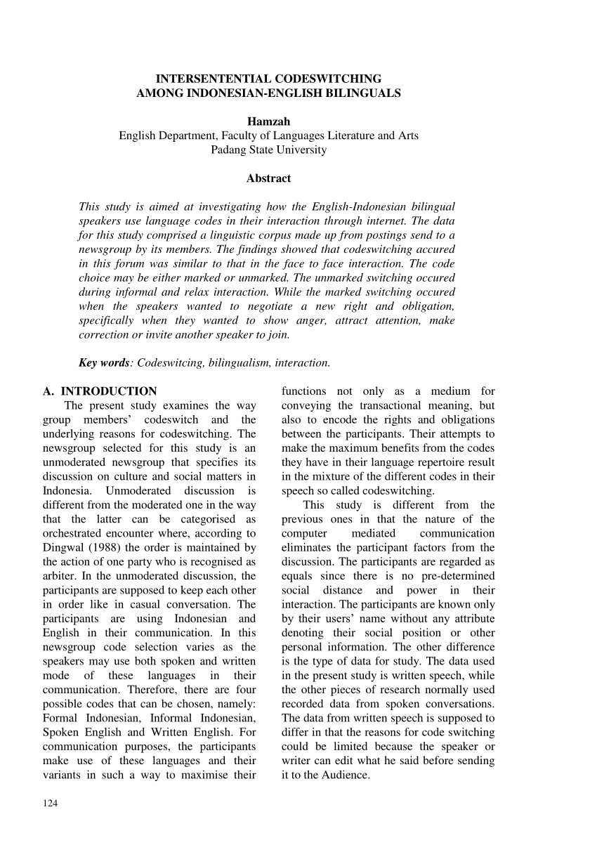 Pdf Intersentential Codeswitching Among Indonesian English Bilinguals