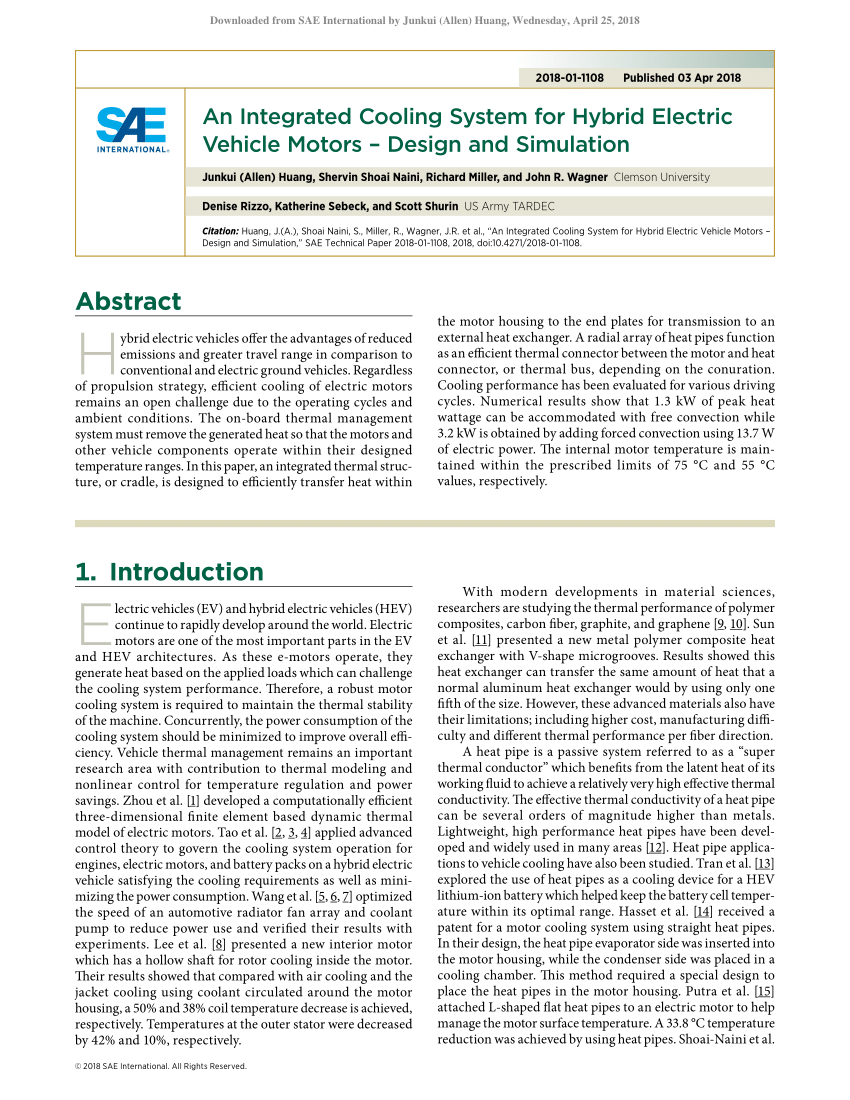 Pdf An Integrated Cooling System For Hybrid Electric Vehicle Motors Design And Simulation