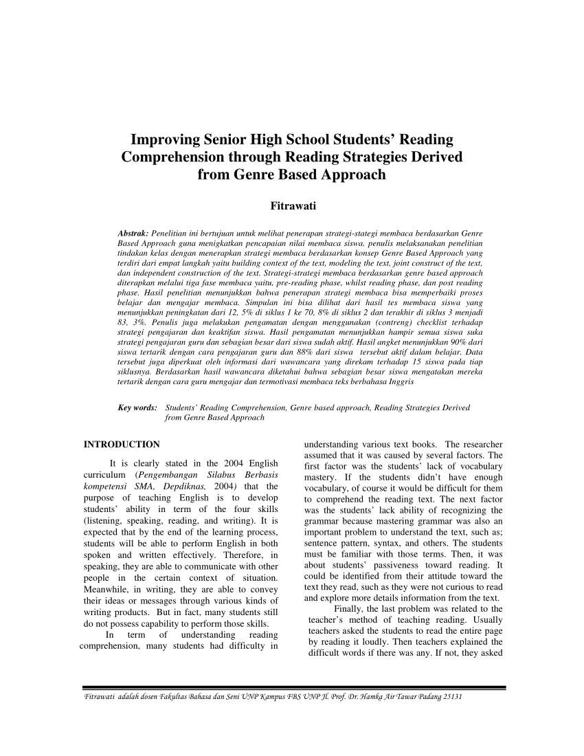 Pdf Improving Senior High School Students Reading Comprehension Through Reading Strategies Derived From Genre Based Approach