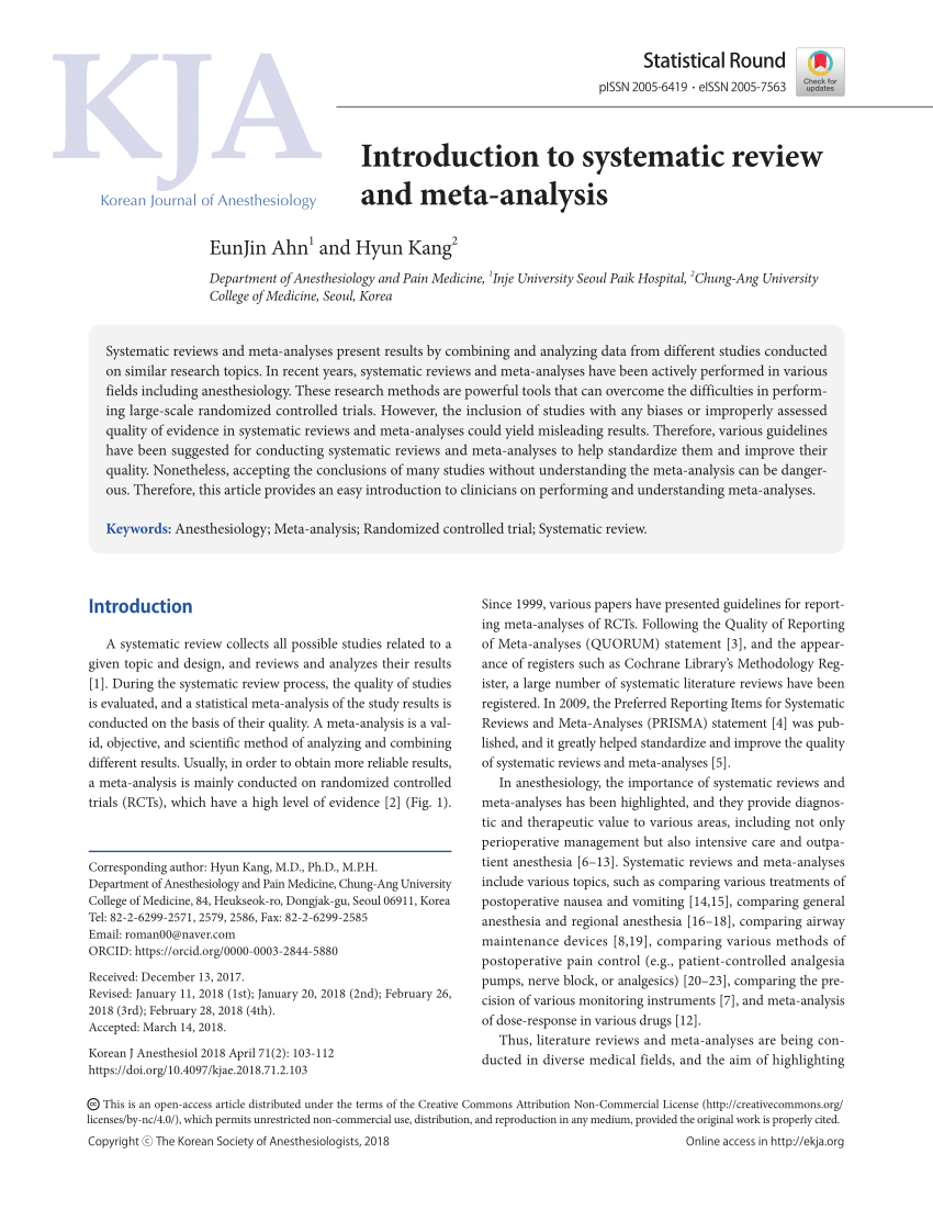introduction to systematic review and meta analysis korean journal of anesthesiology