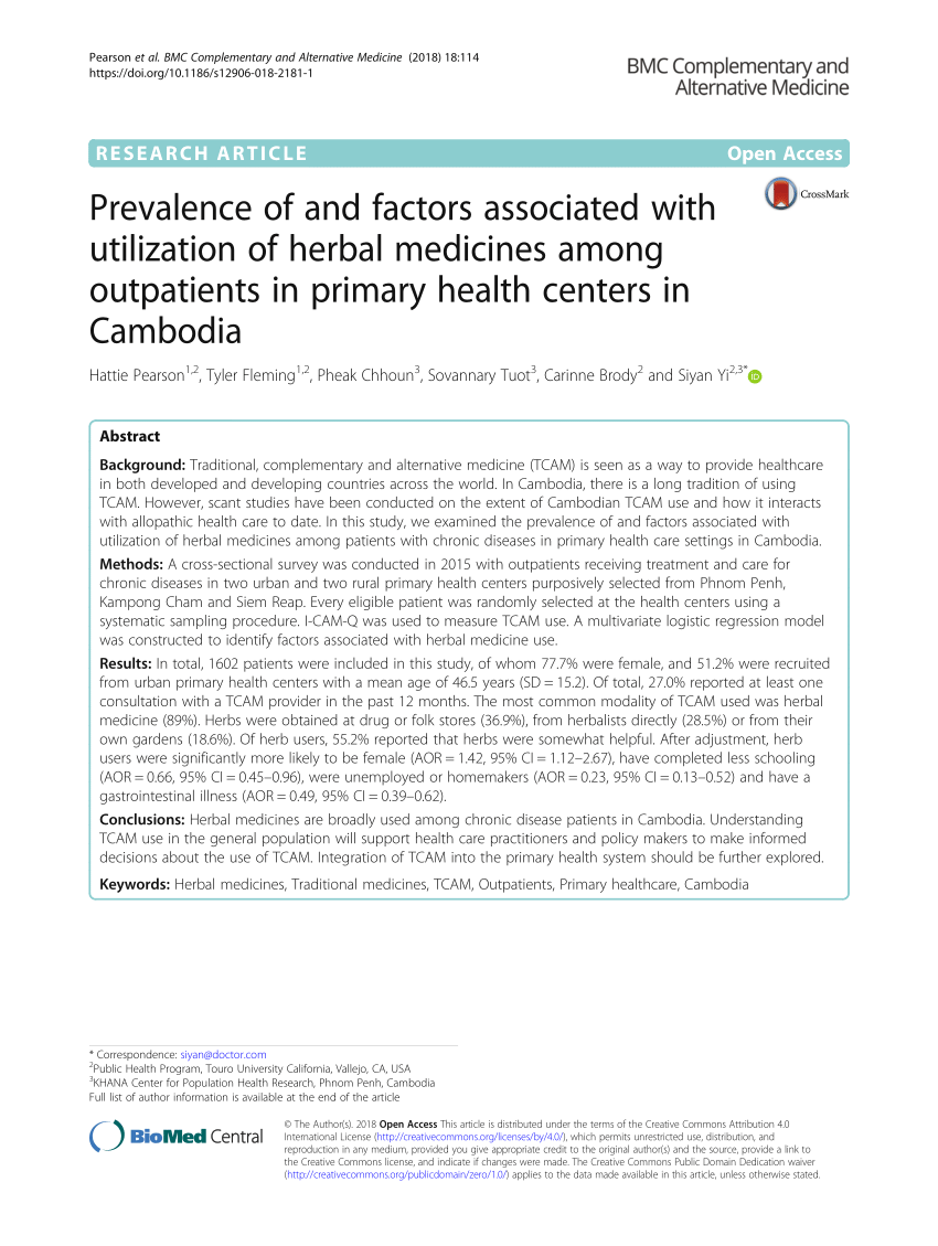 Pdf Prevalence Of And Factors Associated With Utilization Of Herbal Medicines Among Outpatients In Primary Health Centers In Cambodia