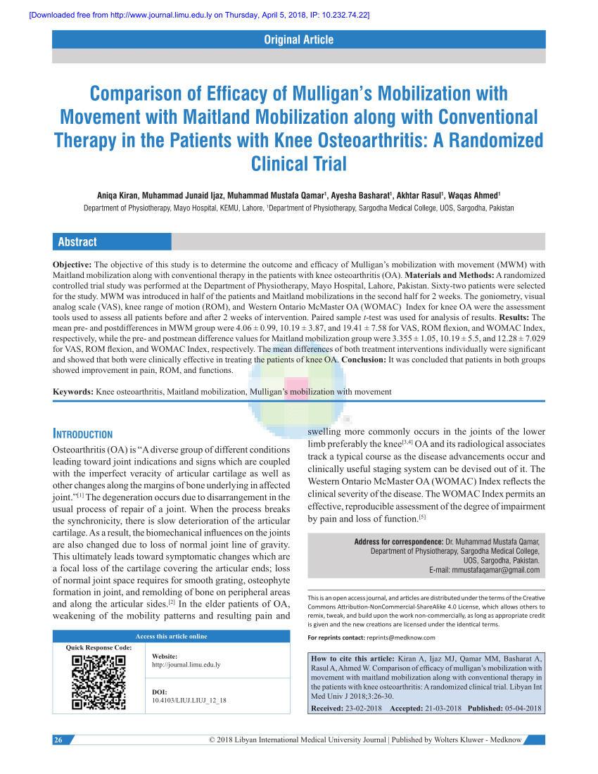 Pdf Comparison Of Efficacy Of Mulligans Mobilization With Movement With Maitland Mobilization