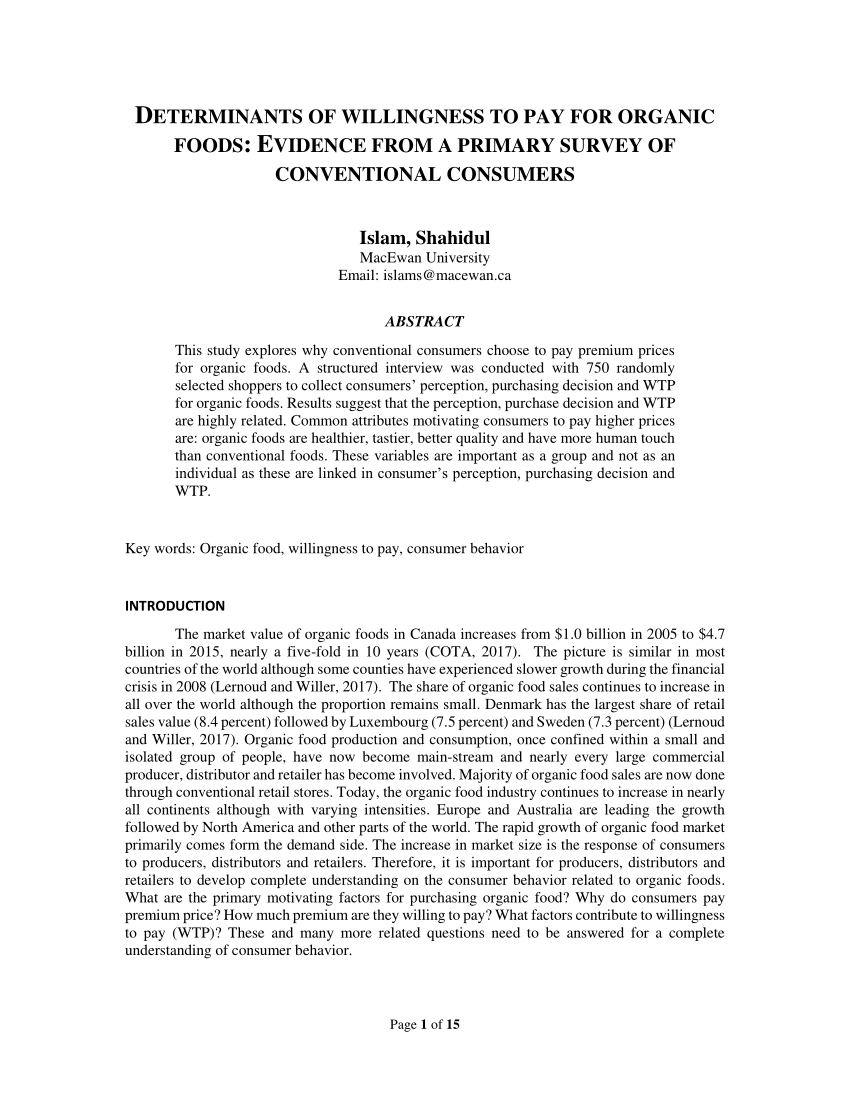 Full article: The Consumption of Fresh Organic Food: Premium Pricing and  the Predictors of Willingness to Pay