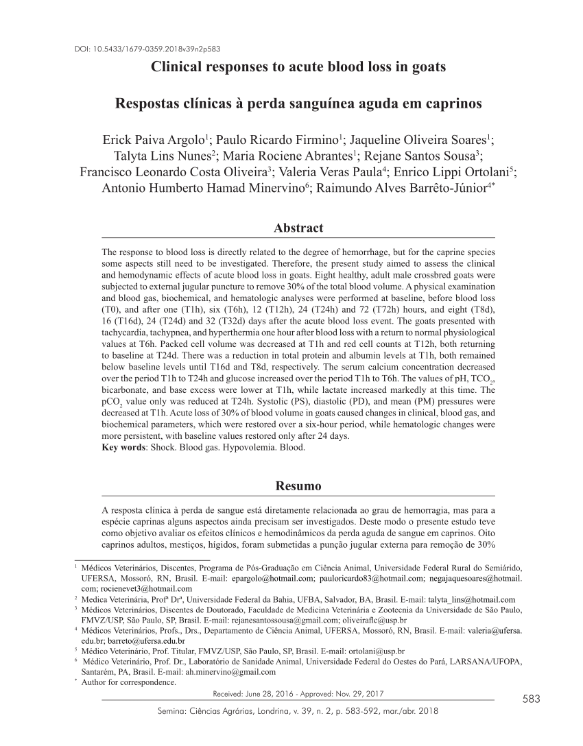 Pdf Clinical Responses To Acute Blood Loss In Goats