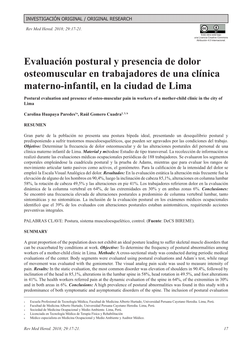 Frente al mar formación Tutor PDF) Evaluación postural y presencia de dolor osteomuscular en trabajadores  de una clínica materno-infantil, en la ciudad de Lima