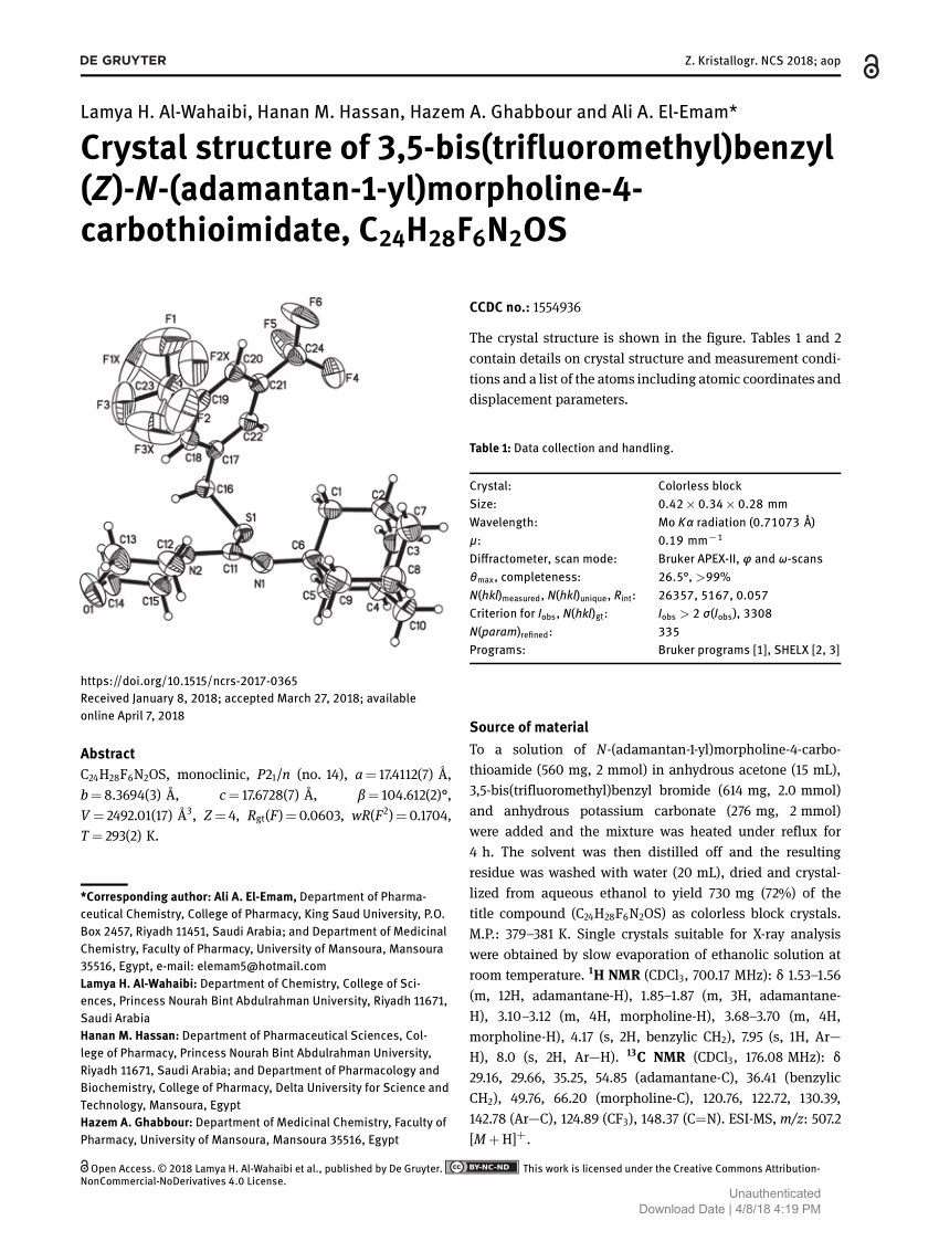Pdf Crystal Structure Of 3 5 Bis Trifluoromethyl Benzyl Z N Adamantan 1 Yl Morpholine 4 Carbothioimidate C24h28f6n2os