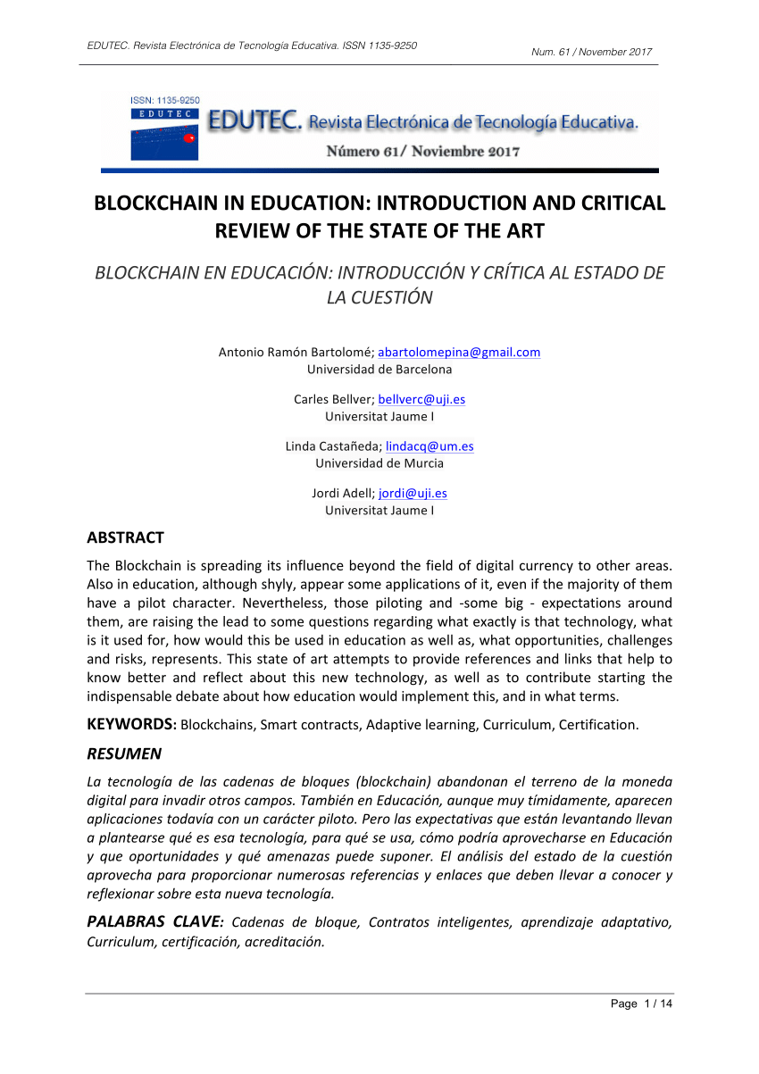 (PDF) BLOCKCHAIN IN EDUCATION: INTRODUCTION AND CRITICAL REVIEW OF THE ...