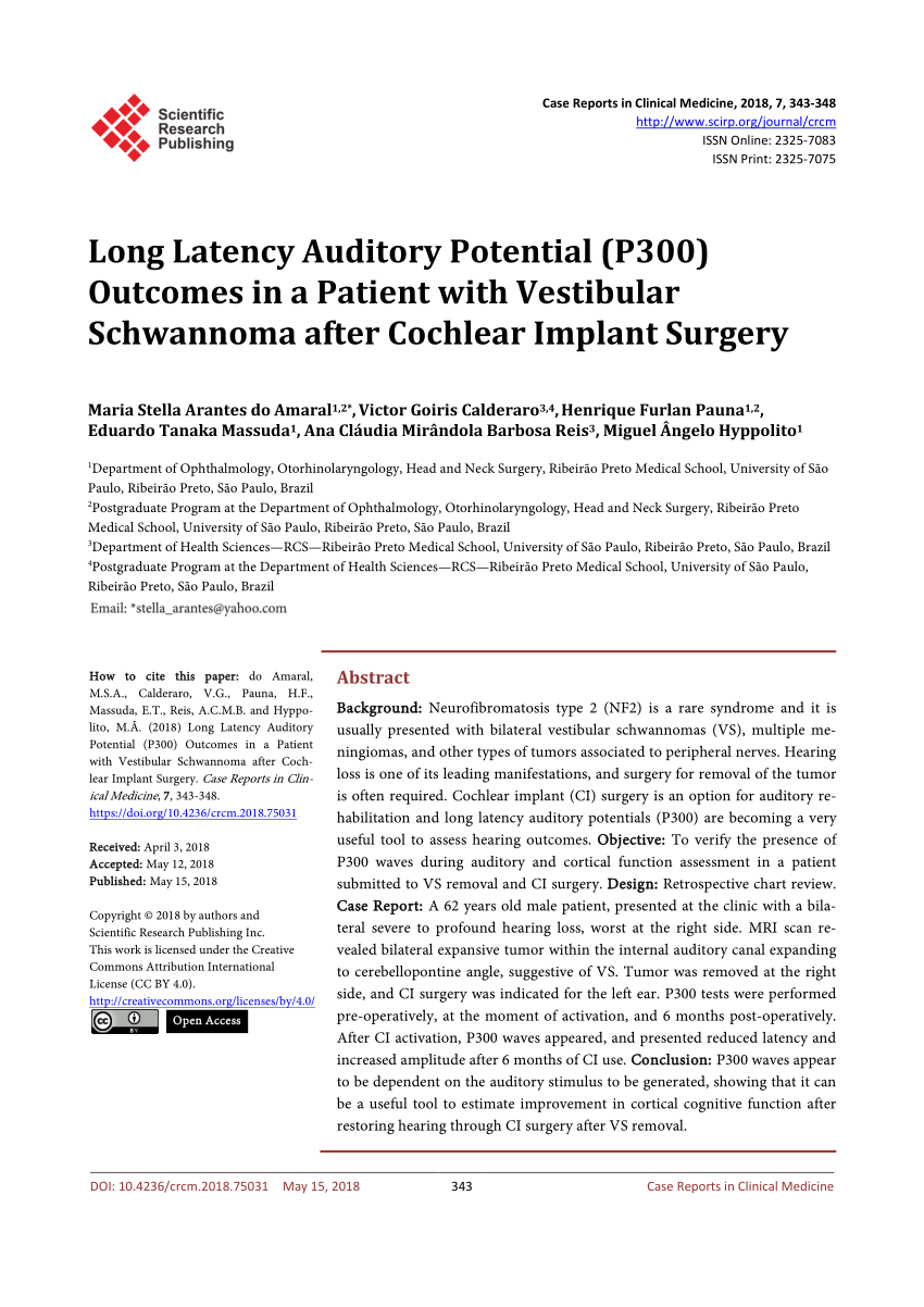 Pdf Long Latency Auditory Potential P300 Outcomes In A Patient With Vestibular Schwannoma After Cochlear Implant Surgery