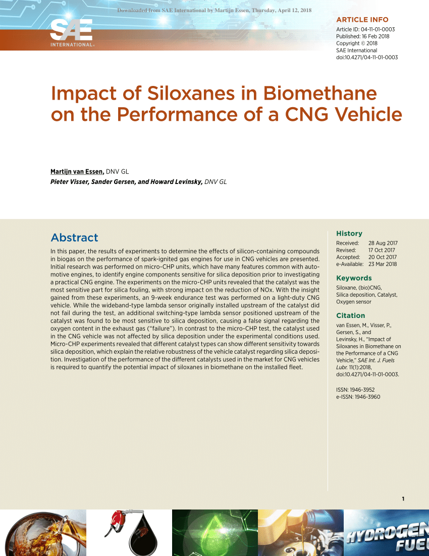 Pdf Impact Of Siloxanes In Biomethane On The Performance Of A Cng Vehicle