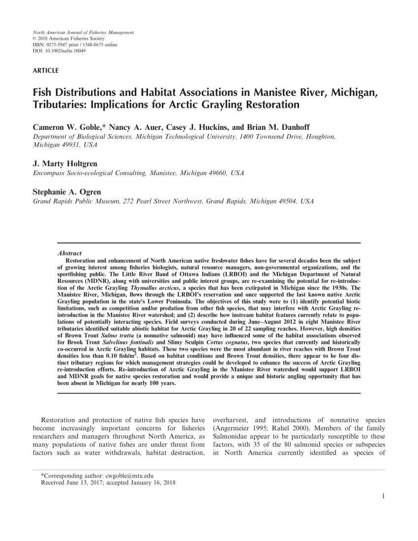 PDF) Fish Distributions and Habitat Associations in Manistee River, Michigan,  Tributaries: Implications for Arctic Grayling Restoration