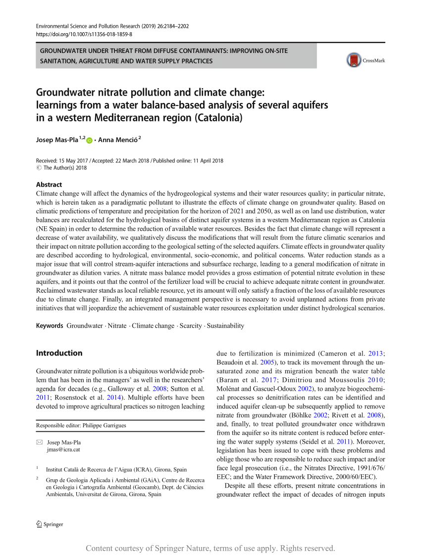 Pdf Groundwater Nitrate Pollution And Climate Change Learnings From A Water Balance Based Analysis Of Several Aquifers In A Western Mediterranean Region Catalonia