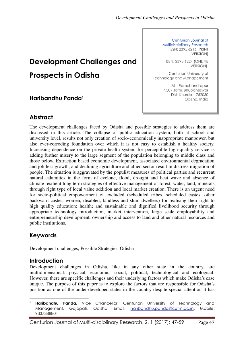 Pdf Development Challenges And Prospects In Odisha