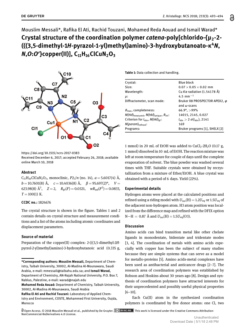 Pdf Crystal Structure Of The Coordination Polymer Catena Poly Chlorido M2 2 3 5 Dimethyl 1h Pyrazol 1 Yl Methyl Amino 3 Hydroxybutanoato K4n N O O Copper Ii C11h16clcun2o3
